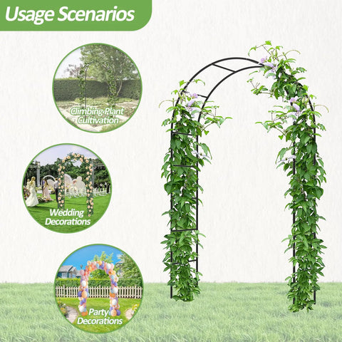 Outdoor Garden Arch Trellis For Climbing Plants, Sturdy Metal Arbor With Rust Proof Coating, 94.5 Inch Tall And 55 Inch Long, Ideal For Wedding Decor And Balloon Arch Stand, Weatherproof Garden Arbor shown with climbing plants and labeled for usage scenarios such as weddings and parties.