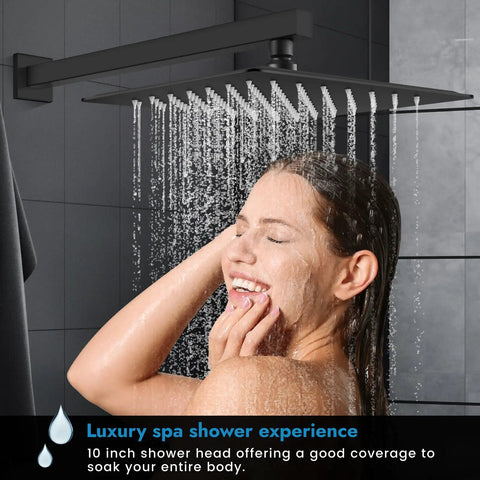 Matte Black Shower Faucet Set With 10 Inch Rainfall Shower Head, Wall Mounted Single Handle Valve System, Stainless Steel Head And Brass Rough-In, Modern Bathroom Upgrade For Superior Flow And Easy Cleaning