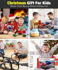 Collage showing kids with High Speed Dual Racing Track Set For Kids Aged 6 To 12 With Two Fast 1 To 64 Scale Cars, a perfect gift.