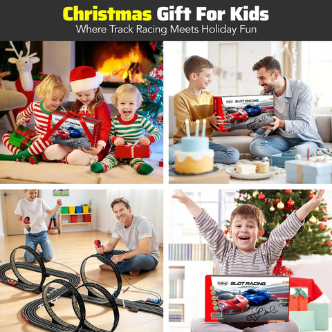 Collage showing kids with High Speed Dual Racing Track Set For Kids Aged 6 To 12 With Two Fast 1 To 64 Scale Cars, a perfect gift.