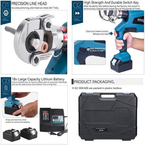 Close-up of Heavy Duty Electric Hydraulic Crimping Pliers Rechargeable Battery 360 Rotating Head showing precision line head.