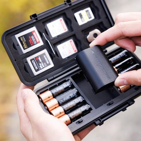 Compact All In One Camera Battery And Memory Card Storage Case For Pro Gear with visible card slots and battery compartment in use.