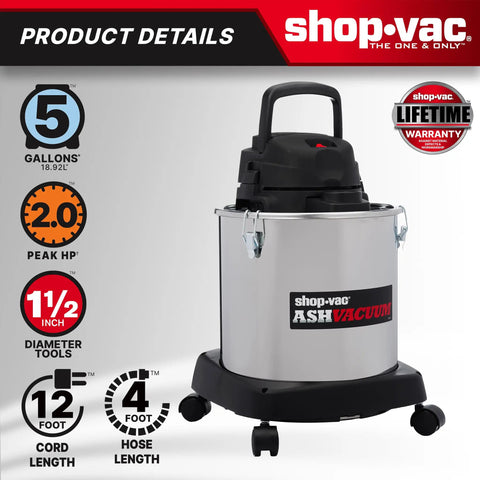 Heavy Duty Beast 5 Gallon Ash Dry Vacuum With Stainless Steel Tank, 4 Peak HP, product details showing specifications.