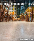 Straight Up Tough Matte Concrete Floor Coating For Garages Stops Oil Gas Grease And Tires Blocks Surface Dust Delivers Self Priming Heavy Duty Protection Three Gallon Complete Kit, textured concrete floor in cafe setting with wooden chairs.