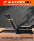 Get Juiced With This Bad Boy 1200W Panini Press Grill showing 180 degree opening design for thicker sandwiches on countertop.