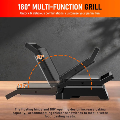 Get Juiced With This Bad Boy 1200W Panini Press Grill showing 180 degree opening design for thicker sandwiches on countertop.