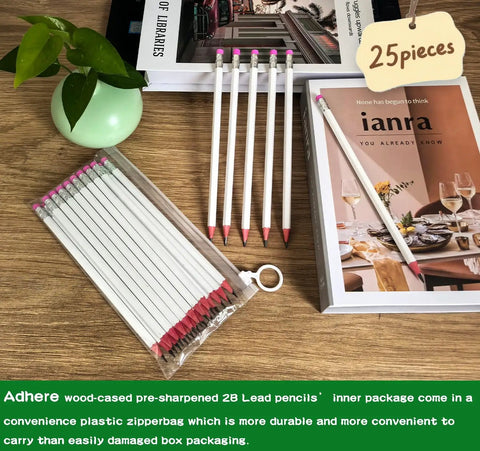 25 Pack Value Woodcase Pencils With Erasers Pre Sharpened Hexagon Graphite 2B For Home And Office Writing Includes Free Sharpener White