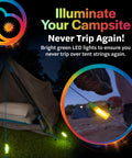 LED Tent String Lights For Guylines 4 Pack Bright Green Camping Lights highlighting tent guylines to prevent trips at night.