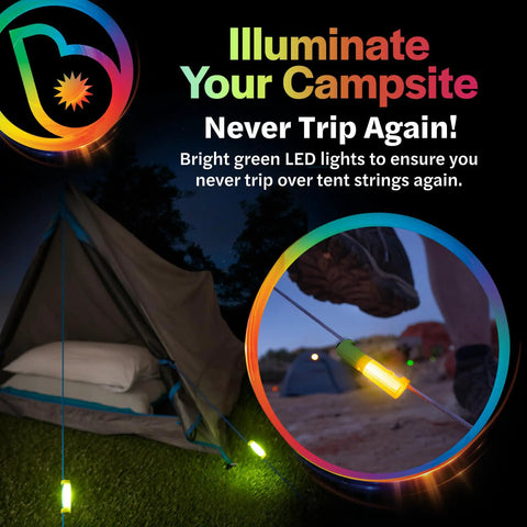 LED Tent String Lights For Guylines 4 Pack Bright Green Camping Lights highlighting tent guylines to prevent trips at night.