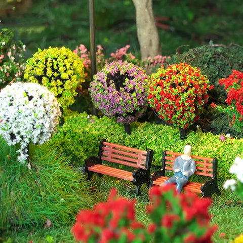 Eight Piece 1 To 24 Scale Mini Park Street Bench Set For Dollhouse And Fairy Garden Brown Tiny Benches with realistic trees