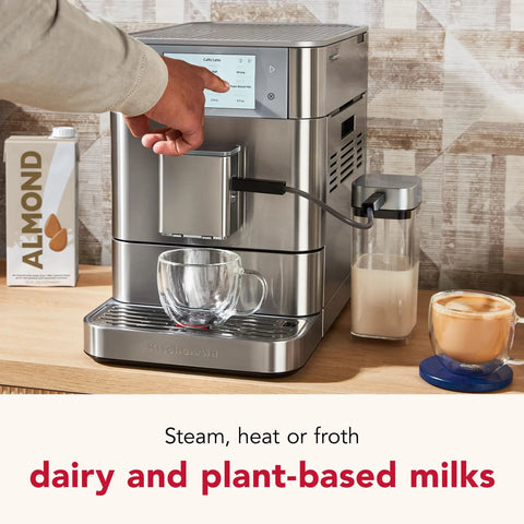Sleek And Straight Up Fully Automatic Espresso Machine With Removable Bean Hopper One Touch Frothing System Forty Plus Barista Grade Cups Smooth Stainless Steel Housing For Daily Use, showing touch screen and frothing attachment.
