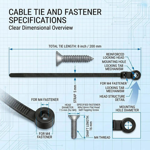 Diagram of 100 Pack Eight Inch Black Zip Ties With Screw Hole And M4 Screws featuring specifications like locking tab and head diameter.