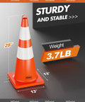 Six Pack 28 Inch Traffic Safety Cones With Reflective Collars For Road Safety Parking Lot And Driving Training Durable Orange PVC Cones With High Visibility Day And Night Great For Road Work And Driving Practice, showing cone dimensions and weight.