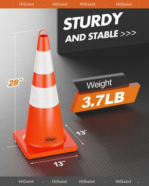 Six Pack 28 Inch Traffic Safety Cones With Reflective Collars For Road Safety Parking Lot And Driving Training Durable Orange PVC Cones With High Visibility Day And Night Great For Road Work And Driving Practice, showing cone dimensions and weight.