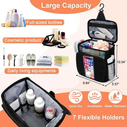 Must Have Dorm Room Shower Caddy For Guys And Gals Quick Dry Mesh Organizer With Elastic Pockets, showing full-sized toiletries