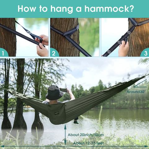 Two Person Pop Up Camping Hammock With Mosquito Net Lightweight Parachute Style Hanging Bed With Durable Tree Straps Easy Setup