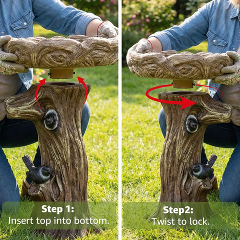 Assembly process of the 23 Inch Tall Pedestal Bird Bath With Woodland Tree Trunk Decor, Fiber Reinforced Concrete Outdoor Bird Bath For Garden Patio Lawn Backyard