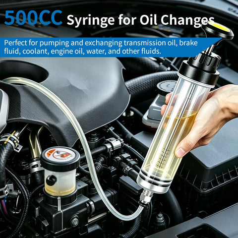 Heavy Duty 500cc Fluid Extractor Pump With Strong Suction And Leak Proof Seal For Easy Engine Oil And Transmission Fluid Removal In Your Garage, shown in use.