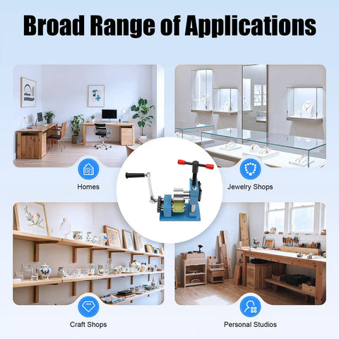 Image showing applications for Hand Crank Ring And Bracelet Bender Tool 2 In 1 Jewelry Making Machine in various settings.