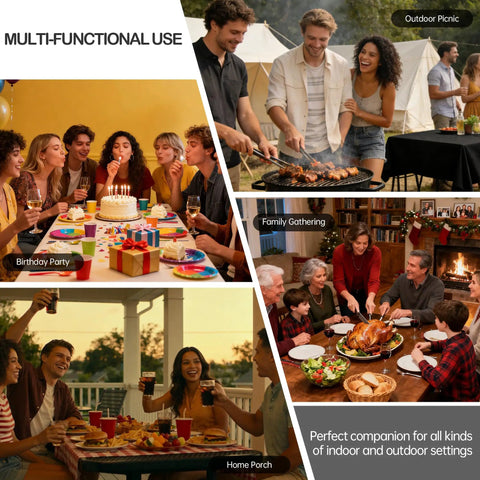 Six Foot Folding Picnic Table Set With Two Benches HDPE Wood Pattern Top shown in various indoor and outdoor settings.