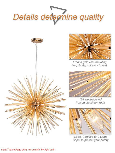 Gold Sputnik Chandelier Pendant Light 12 Light Fixture For Kitchen Island Dining Room Farmhouse Entryway, design details showcased