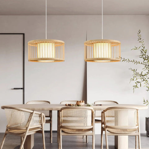Dining room with Boho Rattan Pendant Light 15.8 Inch Coastal Drum Hanging Fixture With Natural Wicker Shades above table.