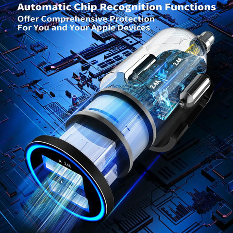MFi Certified Dual USB Car Charger With 12W Fast Charge, Cigarette Lighter Power Adapter, automatic chip recognition view