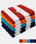 Stack of cabana stripe lounge chair covers in various colors, showcasing Two Pack Pool Lounge Chair Covers with Cabana Stripe Design.
