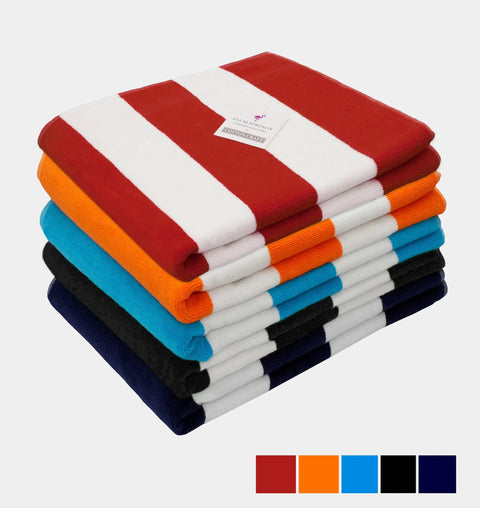 Stack of cabana stripe lounge chair covers in various colors, showcasing Two Pack Pool Lounge Chair Covers with Cabana Stripe Design.