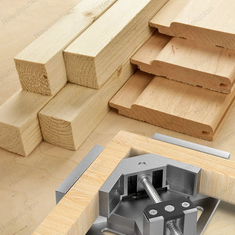 Two Pack Right Angle Clamp For Woodworking holding wooden boards at 90 degrees, showing aluminum build and single handle.