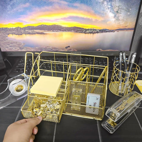 Gold Desk Organizer Set With 13 Pieces Of Office Accessories Including Acrylic Stapler, Tape Dispenser, Staple Remover, Pen Holder