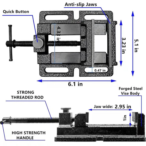 Built Tough Drill Press Vise With Quick Release Clamp On Jaw For 3 Inch Jaw Opening And 4 Inch Base Clamping, Slotted Base Benchtop Vise shown from side and top view with measurements, anti-slip jaws, strong handle, and threaded rod highlighted