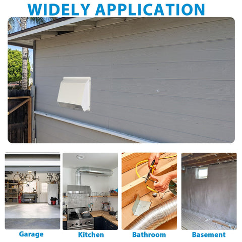 10 Inch Hooded Wall Vent With Screen And Damper For Outdoor Exhaust mounted on house wall, various applications shown below