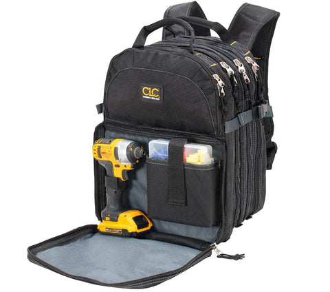 75-Pocket Tool Backpack With 6 Zippered Compartments featuring adjustable straps, padded handle, and a plastic tray organizer, open view.