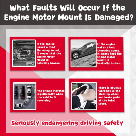 Infographic showing symptoms of a damaged engine motor mount, including noise, vibration, and steering issues.