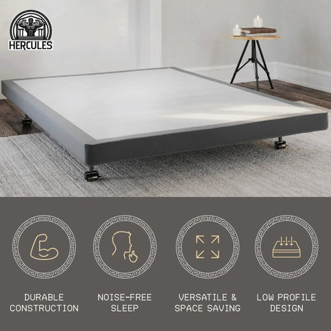Queen Size 4 Inch Low Profile Bed Foundation Built Tough With Heavy Duty Wooden Slats For Zero Sag Mattress Support Box Spring Replacement Platform Base in modern room.