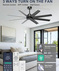 60 Inch Ceiling Fan No Light Modern Black With 8 Blades Remote App Control DC Motor Outdoor Fan for Living Room