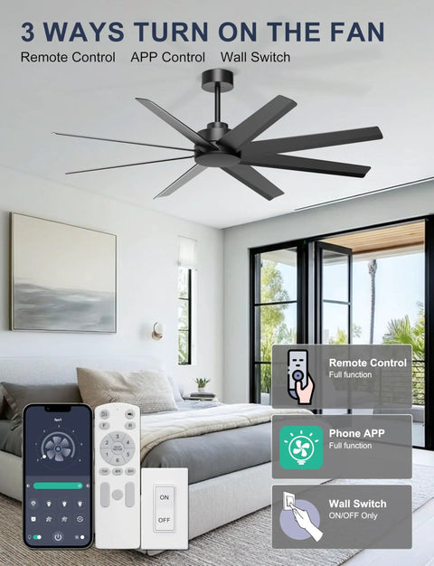 60 Inch Ceiling Fan No Light Modern Black With 8 Blades Remote App Control DC Motor Outdoor Fan for Living Room