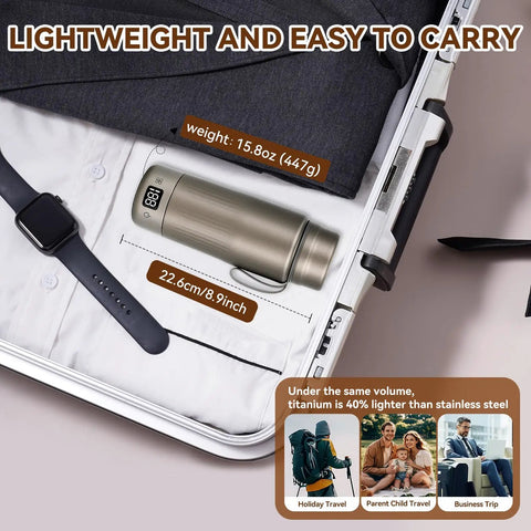 Pure Titanium Electric Kettle For Travel With Smart Dual Voltage 110V-240V, Portable Compact Water Boiler 380Ml in a suitcase, showing size and weight