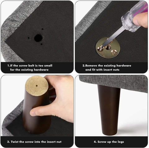 Installation steps for 3 Inch Modern Furniture Legs Set Of 4 For Sofa Couch Bed Chair Desk Table with preinstalled M8 bolts.
