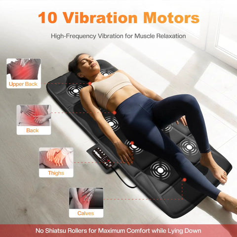 Woman using Full Body Massage Mat With Heat And Vibration 10 Motor Back Massage Pad For Bed Chair Sofa Mattress Pad for relaxation
