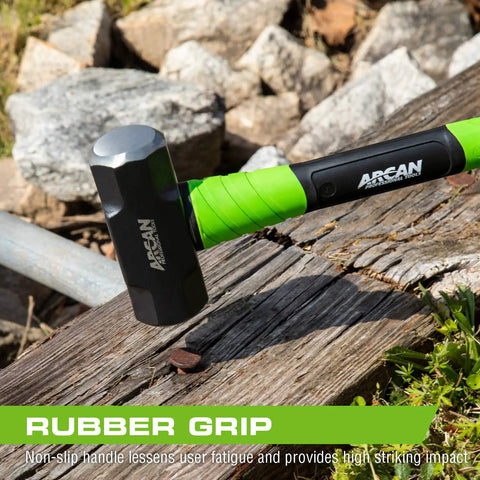 4 Lb Engineering Hammer With 16 Inch Fiberglass Handle Drop Forged Heads Non Slip Rubber Grip Bright Green For Visibility And Lanyard Hole For Tethered Use A Real Workhorse For Heavy Duty Construction And Workshop Jobs shown on a wooden surface outdoors.