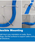 Five Inch Metal Cable D Ring Pack of Twenty Five for Horizontal and Vertical Wall Cable Organization, mounted with blue cables