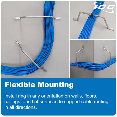 Five Inch Metal Cable D Ring Pack of Twenty Five for Horizontal and Vertical Wall Cable Organization, mounted with blue cables