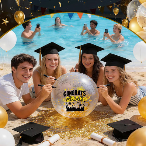 Class Of 2026 Graduation Beach Balls Set 11 Inch Inflatable Party Balls With Glitter Gold And Black Markers For Senior Celebrations Poolside Beach Decor And Gift Favors 10 Pack shown with students at the beach.