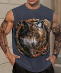 Mens Loose Fit Viking Wolf Graphic Workout Tank Top Muscle Gym Sleeveless Tee featuring gear design and tattoos.
