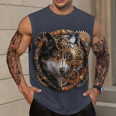 Mens Loose Fit Viking Wolf Graphic Workout Tank Top Muscle Gym Sleeveless Tee featuring gear design and tattoos.