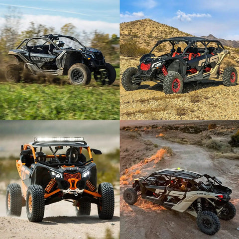 Can Am Maverick X3 off-road vehicle collage in various terrains featuring four models