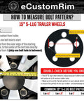 Diagram showing how to measure bolt pattern on 15 inch 5-lug trailer wheels, highlighting measurement from center of one bolt to opposite bolt.