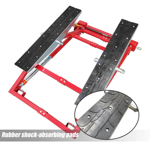 Portable Car Lifter Featuring Dual Workbench Auto Scissor Lift With Three Adjustable Widths And Hella Strong 3306 Pound Load Capacity Built Like A Tank For Every Real Deal Auto Garage Setup with rubber shock-absorbing pads.